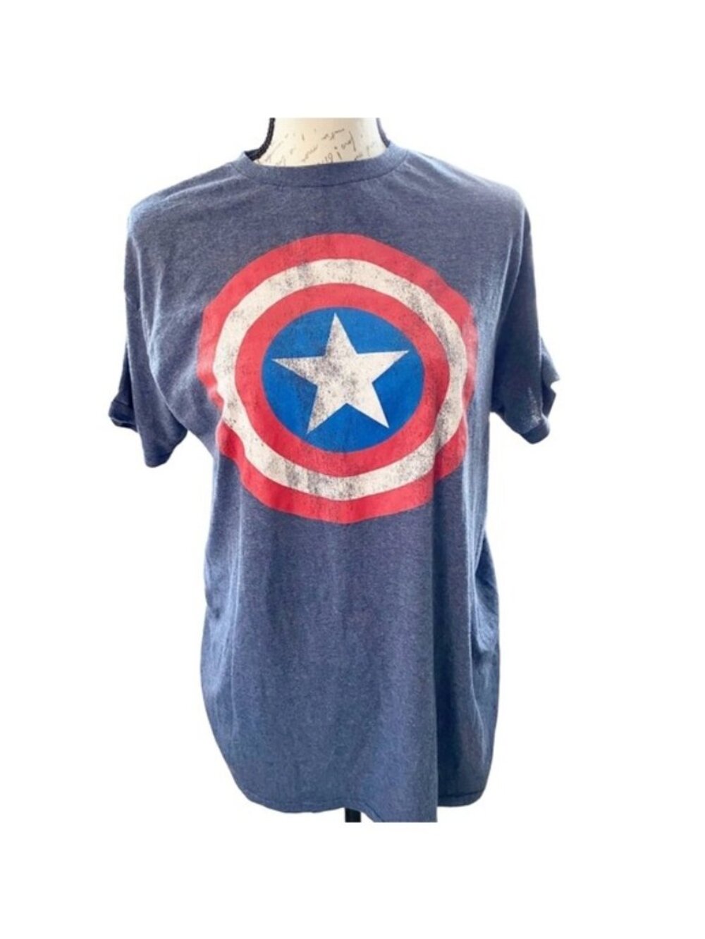 Marvel Captain America Shield T-Shirt Mens Large L Distressed Logo Heather Blue